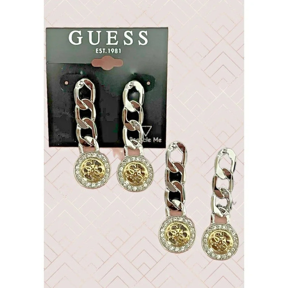 Guess Silver-Tone Chunky Chain Gold Pave Quatro G Logo Linear Drop Post Earring - Picture 2 of 5